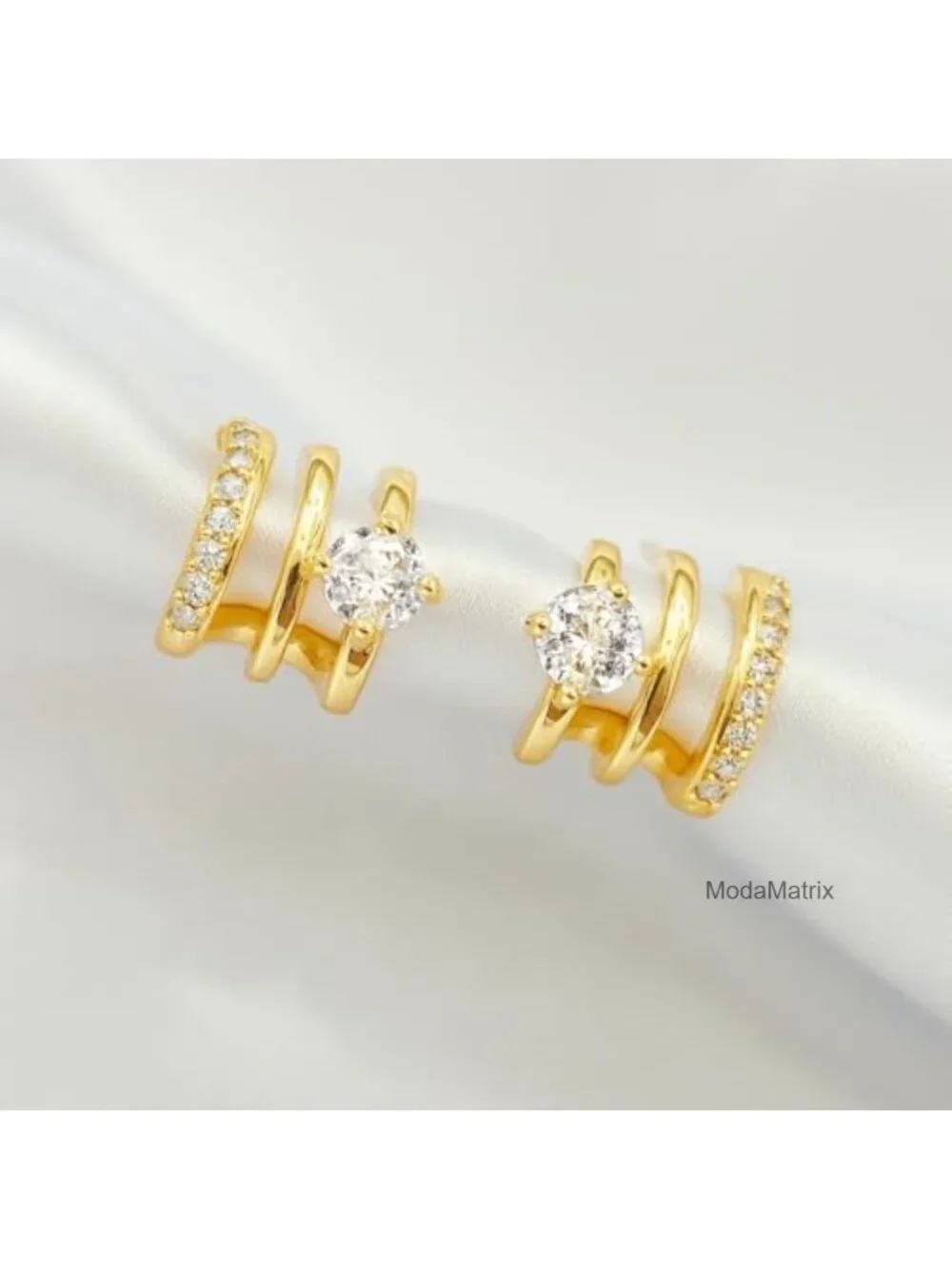 14K Gold Plated Triple Huggie Hoop Earrings Stud Ear Cuff